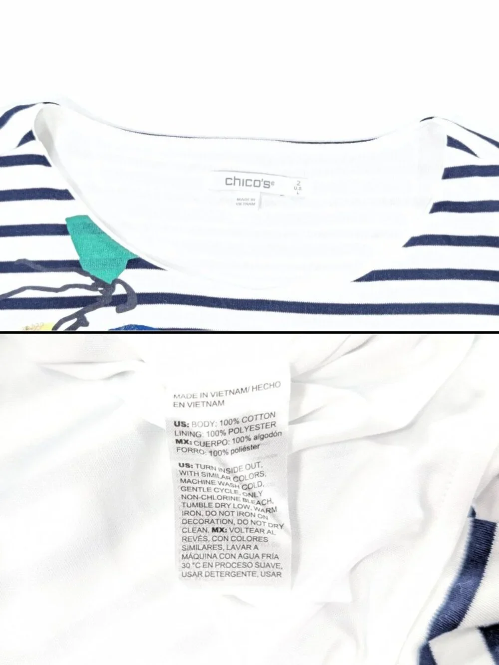 Chico's 2 Large Navy White Stripe Floral Embroidered Lined 3/4 Sleeve Top